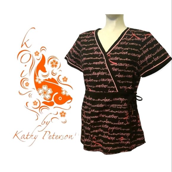 Koi by Kathy Peterson size medium Breast cancer awareness wrap look scrub top - Picture 1 of 13